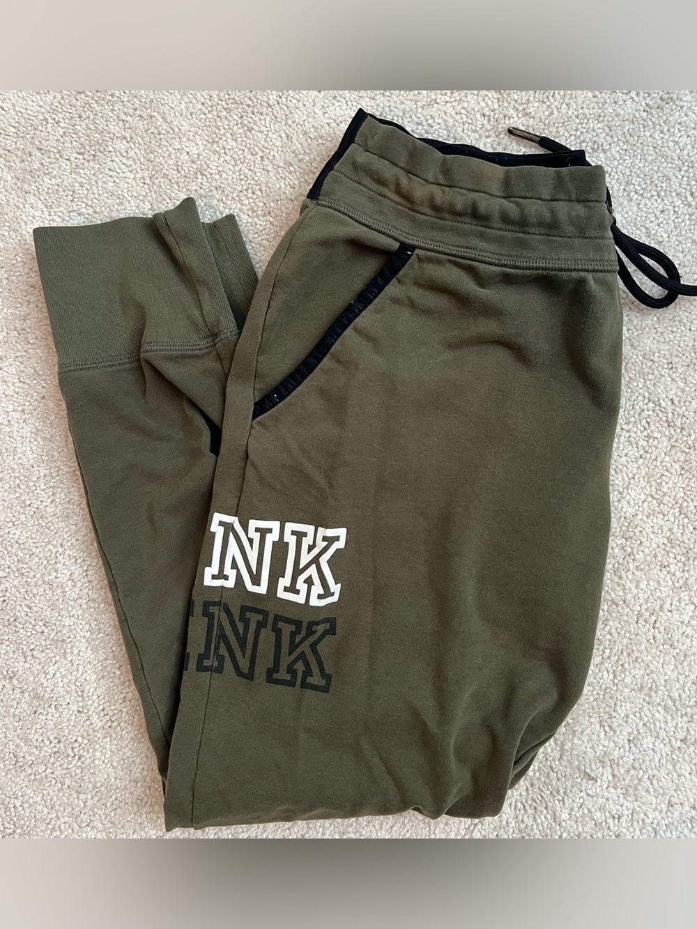 PINK Victoria’s Secret Olive Green Stacked Logo Track Joggers Size M